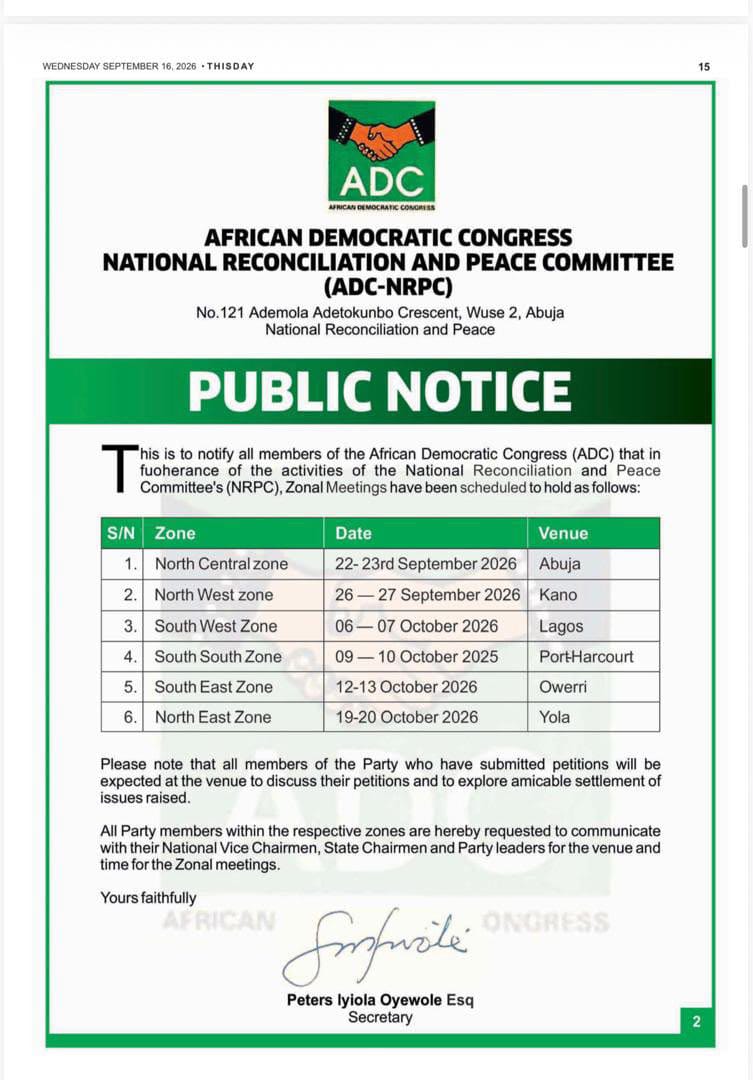ADC National Reconciliation Committee Opens Zonal Meetings to Resolve Party Grievances